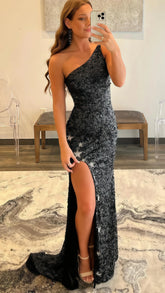 One Shoulder Mermaid Sequin Long Prom Dress With Split,AST1632